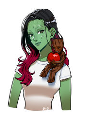 Rule 34 | 1boy, 1girl, aged down, animification, apple, black eyes, black hair, breasts, colored skin, eyelashes, food, fruit, gamora, green skin, grey eyes, groot, guardians of the galaxy, highres, light smile, lips, long hair, looking at viewer, marvel, marvel cinematic universe, medium breasts, mini person, miniboy, monster boy, multicolored hair, no pupils, okada (hoooojicha), plant boy, purple hair, shirt, short sleeves, simple background, sitting on shoulder, size difference, t-shirt, two-tone hair, upper body, white background, white shirt