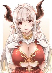 Rule 34 | 10s, 1girl, :d, alicia (granblue fantasy), blunt bangs, blush, breasts, center opening, cleavage, cleavage cutout, clothing cutout, cross, cross earrings, curvy, draph, dress, earrings, elbow gloves, eyebrows, gloves, gradient background, gradient hair, granblue fantasy, hands on own chest, happy, hip focus, horns, jewelry, lace, lace-trimmed dress, lace-trimmed gloves, lace trim, large breasts, long hair, looking at viewer, mature female, multicolored hair, mushi024, neck ring, no bra, open mouth, outside border, pointy ears, red dress, red eyes, short sleeves, sidelocks, silver hair, smile, solo, straight hair, underboob, underboob cutout, upper body, very long hair, white gloves