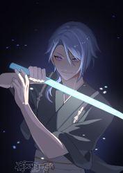 Rule 34 | 1boy, blue eyes, blue hair, closed mouth, dark, dark background, genshin impact, highres, holding, holding weapon, japanese clothes, kamisato ayato, long hair, male focus, mole, mole under mouth, oxygen (0220), sword, tagme, twitter username, weapon