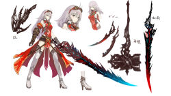 Rule 34 | 1girl, arnas (yoru no nai kuni), belt, boots, breasts, character sheet, concept art, detached sleeves, goggles, goggles on head, hammer, long hair, multiple views, necktie, official art, silver hair, sword, thigh boots, thighhighs, weapon, yoru no nai kuni, yoshiku (oden-usagi)