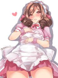 Rule 34 | 1girl, alternate costume, apron, blush, brown hair, drill hair, from below, harukaze (kancolle), heart, highres, kantai collection, puffy short sleeves, puffy sleeves, red eyes, short sleeves, simple background, solo, takase muh, twin drills, twitter username, waist apron, waitress, white apron, white background, wrist cuffs