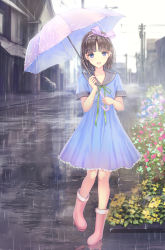 Rule 34 | 1girl, black sailor collar, blue dress, blue flower, blurry, blurry background, blush, bow, breasts, brown hair, car, collarbone, day, depth of field, dress, flower, green ribbon, hair bow, hairband, highres, holding, holding umbrella, house, looking at viewer, missile228, motor vehicle, neck ribbon, open mouth, original, outdoors, power lines, puddle, purple bow, purple eyes, purple flower, purple hairband, purple umbrella, rain, red flower, ribbon, sailor collar, sailor dress, short sleeves, small breasts, solo, standing, standing on one leg, umbrella, utility pole, water, yellow flower
