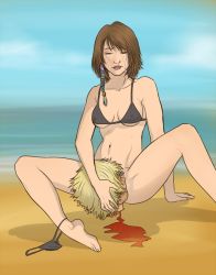 Rule 34 | 00s, 1girl, arm support, autumn sacura, barefoot, beach, bikini, bikini around one leg, blonde hair, blood, breasts, brown hair, closed eyes, covered erect nipples, crying, cunnilingus, final fantasy, final fantasy x, guro, hand on another&#039;s head, navel, ocean, oral, severed head, sitting, spread legs, swimsuit, tears, tidus, toes, water, what, yuna