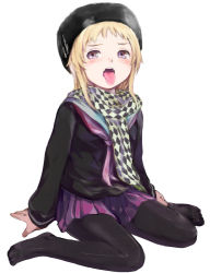 Rule 34 | 1girl, bad id, bad pixiv id, blonde hair, blush, face, hat, legs, long hair, moke, open mouth, pantyhose, scarf, school uniform, sitting, skirt, solo, tongue, tongue out