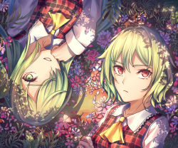 Rule 34 | 2girls, ascot, collared shirt, crossed arms, dappled sunlight, day, expressionless, flower, frilled shirt collar, frills, grass, green hair, grin, hair over one eye, hand up, highres, kazami yuuka, kazami yuuka (pc-98), long hair, long sleeves, looking at viewer, lying, multiple girls, on back, on ground, parted bangs, petals, plaid, plaid vest, red vest, shadow, shirt, short hair, smile, sunlight, touhou, touhou (pc-98), upper body, vest, wavy hair, white shirt, yangsan (2991076090), yellow ascot