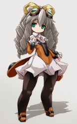 Rule 34 | 1girl, ascot, black pantyhose, bow, drill hair, expressionless, full body, goggles, goggles on head, green eyes, grey background, grey hair, hair bow, highres, karukan (monjya), long hair, looking at viewer, maria balthasar, orange footwear, pantyhose, shoes, skirt, solo, standing, white skirt, xenogears, yellow bow
