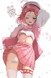 Rule 34 | 1girl, 35p (sakura miko), absurdres, ahoge, bandaid, bandaid hair ornament, bandaid on leg, bandaid on thigh, blush, breasts, buket pudding i, cat hair ornament, commentary request, floating hair, from below, green eyes, hair ornament, hat, highres, holding, holding clothes, holding hat, hololive, jacket, knees out of frame, letterman jacket, long sleeves, medium breasts, midriff, navel, neck ribbon, no bra, official alternate costume, official alternate hairstyle, one eye closed, open clothes, open jacket, open mouth, panties, panty peek, pink bandaid, pink hair, pink jacket, pink skirt, plaid, plaid skirt, pleated skirt, raglan sleeves, ribbon, sailor collar, sakura miko, sakura miko (school uniform), school uniform, shirt, short hair, side-tie panties, skirt, sleeves past wrists, solo, thigh strap, thighhighs, underboob, underwear, virtual youtuber, white background, white shirt, white sleeves, white thighhighs, wind, wind lift, x x