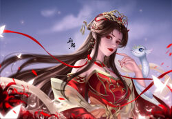Rule 34 | 1girl, absurdres, brown hair, bug, butterfly, cai lin (doupo cangqiong), cloud, detached sleeves, doupo cangqiong, dress, earrings, fireflies, flower, from side, glowing butterfly, hair ornament, hand up, highres, hy lai yue, insect, jewelry, long hair, night, night sky, red dress, red nails, second-party source, sky, snake, solo, spider lily