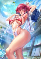 Rule 34 | absurdres, alternate hairstyle, armpits, blush, breasts, contrapposto, double bun, hair bun, heterochromia, highres, hololive, houshou marine, jagoo, large breasts, long hair, looking at viewer, navel, open mouth, outdoors, red eyes, red hair, swimsuit, thick thighs, thighs, tongue, tongue out, virtual youtuber, wet, yellow eyes