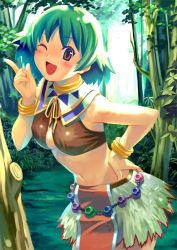 Rule 34 | 00s, 1girl, bare shoulders, belt, blush, bracelet, breasts, brown eyes, choker, cleavage, crop top, day, forest, green hair, hand on own hip, hip focus, jewelry, koutaro, large breasts, leaning forward, loincloth, midriff, morgan (tears to tiara), nature, navel, one eye closed, open mouth, outdoors, pointing, ribbon, short hair, skirt, smile, solo, tears to tiara, thighhighs, tree, wink