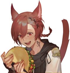 Rule 34 | 1boy, :d, animal ears, black scarf, braid, braided ponytail, cat boy, cat ears, cat tail, excited, facial mark, ffxivys, final fantasy, final fantasy xiv, food, from side, g&#039;raha tia, hair between eyes, hair ornament, hands up, holding, holding food, looking at food, low ponytail, male focus, miqo&#039;te, neck tattoo, open mouth, red eyes, red hair, scarf, short hair, simple background, single braid, slit pupils, smile, solo, swept bangs, taco, tail, tail raised, tattoo, upper body, white background, x hair ornament