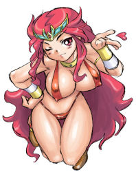 Rule 34 | 1girl, bikini, blush, breasts, breath of fire, breath of fire ii, cleavage, crown, dr.p, covered erect nipples, hat, large breasts, long hair, lowres, one eye closed, red bikini, red eyes, red hair, sana, shaman, solo, swimsuit, white background