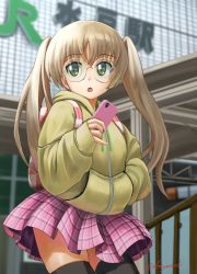 Rule 34 | 10s, 1girl, abazu-red, bag, black thighhighs, blurry, bookbag, brown eyes, brown hair, casual, cellphone, commentary request, cowboy shot, day, depth of field, girls und panzer, glasses, green sweater, highres, holding, holding phone, hood, hoodie, long hair, long sleeves, looking to the side, matching hair/eyes, oono aya, outdoors, parted lips, phone, pink skirt, plaid, plaid skirt, round eyewear, skirt, smartphone, solo, standing, sweater, thighhighs, twintails
