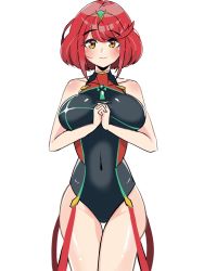 Rule 34 | 1girl, arms under breasts, asymmetrical hair, bare shoulders, black leotard, breasts, collarbone, competition swimsuit, cowboy shot, diadem, dot nose, female focus, highres, iruka, large breasts, leotard, looking at viewer, navel, nintendo, one-piece swimsuit, own hands together, pyra (xenoblade), red hair, shiny clothes, shiny skin, short hair, smile, solo, solo focus, standing, swimsuit, white background, xenoblade chronicles (series), xenoblade chronicles 2, yellow eyes