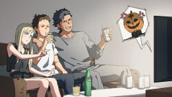 Rule 34 | 1girl, 2boys, beer can, black hair, blonde hair, blue eyes, bottle, brown hair, can, commentary request, couch, cup, drink can, drinking glass, gigi andalusia, gundam, gundam hathaway&#039;s flash, hathaway noa, holding, holding cup, kenneth sleg, long hair, mishio, multiple boys, pumpkin mask, shirt, short hair, sitting, sweater, t-shirt, tank top, watching television