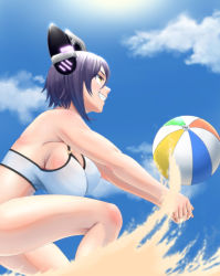 Rule 34 | 1girl, ball, bare shoulders, beachball, bikini, bouncing breasts, breasts, bump (volleyball), cleavage, cloud, covered erect nipples, day, easy (aqk7bdqt), from side, grin, headgear, highres, kantai collection, large breasts, purple hair, sand, sharp teeth, short hair, sideboob, smile, solo, swimsuit, teeth, tenryuu (kancolle), volleyball, volleyball (object), white bikini, yellow eyes