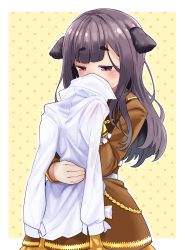 Rule 34 | 1girl, absurdres, animal ears, blush, brown eyes, brown hair, commission, commissioner upload, dog girl, etokakaitari, highres, inukai purin, jacket, long hair, looking down, military, military uniform, shirt, skeb commission, smelling, smelling clothes, solo, suit jacket, sweatdrop, tsunderia, uniform, virtual youtuber