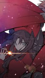 Rule 34 | 1boy, 1girl, archer (fate), bad id, bad twitter id, black bow, black shirt, blue eyes, bow, brown hair, cape, closed mouth, fate/stay night, fate (series), gem, glint, hair bow, holding, lens flare, looking at viewer, red cape, red shirt, seucapeu, shirt, solo focus, standing, tohsaka rin, twintails
