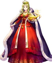 Rule 34 | 1girl, asatani tomoyo, blonde hair, book, breasts, cape, cleavage, closed mouth, crown, detached sleeves, dress, fire emblem, fire emblem: the binding blade, fire emblem heroes, frills, full body, fur trim, gem, glowing, gold trim, green eyes, guinevere (fire emblem), hair bun, highres, holding, holding book, jewelry, long dress, long hair, long sleeves, looking at viewer, medium breasts, necklace, nintendo, non-web source, official art, red dress, smile, solo, standing, transparent background