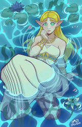 Rule 34 | 1girl, absurdres, aqua eyes, arm support, artist name, bare shoulders, blonde hair, breasts, bright pupils, collaboration, dress, flower, flower request, frown, furrowed brow, highres, jewelry, lily (flower), lily pad, long dress, long hair, looking at viewer, necklace, nintendo, palearaptor, partially submerged, pointy ears, princess zelda, ripples, sandals, signature, silent princess, solo, strapless, strapless dress, the legend of zelda, the legend of zelda: breath of the wild, thick eyebrows, thighs, twitter username, water, white dress, white pupils, woudim