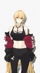 Rule 34 | 1girl, alpello1901, bare shoulders, black pants, black sports bra, blonde hair, breasts, closed mouth, clothes pull, collarbone, feet out of frame, girls&#039; frontline, highres, jacket, jacket pull, long hair, looking at viewer, medium breasts, ots-14 (girls&#039; frontline), pants, solo, sports bra, sportswear, standing, stomach, very long hair, white background, yellow eyes