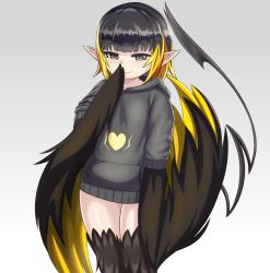 Rule 34 | 1girl, black eyes, black hair, blonde hair, blunt bangs, commentary, commission, english commentary, grey background, grey hoodie, hand to own mouth, harpy, heart, highres, hood, hood down, hoodie, looking at viewer, monster girl, monster girl encyclopedia, multicolored hair, nav (itsnav), pointy ears, short hair, simple background, smile, solo, tail, thunderbird (monster girl encyclopedia), two-tone hair, winged arms, wings
