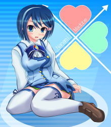 Rule 34 | 1girl, 7-tan, blue eyes, blue hair, breasts, character name, female focus, full body, gradient background, hair ornament, hairband, hairclip, large breasts, madobe nanami, matching hair/eyes, microsoft windows, multicolored eyes, open mouth, os-tan, shimoogawa, short hair, skirt, smile, solo, thighhighs, windows 7, zettai ryouiki
