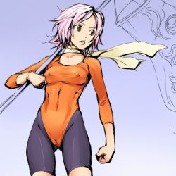 Rule 34 | 00s, 1girl, air gear, breasts, cameltoe, clenched hand, covered erect nipples, leotard, mosha, noyamano mikan, pink hair, ribs, scarf, sketch, small breasts, solo