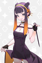 Rule 34 | 1girl, black dress, black gloves, breasts, chenjiyan (sedimentart), cleavage, clothes lift, collarbone, cosplay, dress, dress lift, fingerless gloves, flower, fur choker, gloves, gold hairband, hair behind ear, hair bun, hair flower, hair ornament, hairband, highres, hololive, hololive english, looking at viewer, ninomae ina&#039;nis, pointy ears, purple eyes, purple hair, rose, single hair bun, small breasts, solo, spy x family, tentacle hair, virtual youtuber, yellow flower, yellow rose, yor briar, yor briar (cosplay)