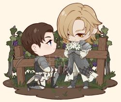 Rule 34 | 2boys, armor, blonde hair, blue eyes, bouquet, brown eyes, brown hair, chainmail, chibi, closed mouth, dion lesage, earrings, fence, final fantasy, final fantasy xvi, flower, food, frilled sleeves, frills, fruit, grapes, grass, hair between eyes, holding, holding bouquet, jewelry, lanaluuart, light blush, male focus, medium hair, armored boots, multiple boys, on one knee, outdoors, parted bangs, rock, shirt, short hair, shoulder armor, smile, swept bangs, terrence (ff16), white flower, white shirt, wooden fence