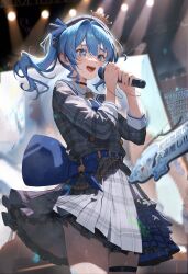 Rule 34 | 1girl, absurdres, belt, beret, black choker, blue belt, blue eyes, blue hair, choker, cowboy shot, crown, frills, glint, hat, highres, holding, holding microphone, hololive, hoshimachi suisei, hoshimachi suisei (1st costume), long hair, looking at viewer, microphone, mini crown, music, no gloves, open mouth, plaid, plaid skirt, ribbon, screen, senriyama, side ponytail, singing, skirt, smile, solo, stage, stage lights, symbol in eye, teeth, thigh strap, thighs, upper teeth only, virtual youtuber