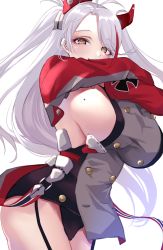 Rule 34 | 1girl, azur lane, breasts, buttons, double-breasted, garter straps, highres, large breasts, long hair, long sleeves, looking at viewer, mole, mole on breast, orange eyes, prinz eugen (azur lane), sideboob, solo, thighs, two side up, wee (weeyy), white background