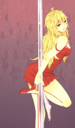 Rule 34 | 10s, 1girl, blonde hair, breasts, dancing, dress, grey eyes, high heels, highres, hinno (voicelove), legs, long hair, nail polish, open mouth, panties, panty &amp; stocking with garterbelt, panty (psg), pole, pole dancing, red dress, red footwear, red skirt, shoes, short dress, skirt, sleeveless, sleeveless dress, solo, spaghetti strap, star (symbol), strap slip, stripper, stripper pole, underwear, undressing