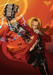 Rule 34 | 1boy, andrewbatm, belt, black legwear, black pants, blonde hair, braid, braided ponytail, cloak, closed mouth, edward elric, electricity, forehead, fullmetal alchemist, furrowed brow, glint, gloves, hair tie, highres, long hair, looking to the side, male focus, orange background, pale skin, pants, prosthesis, red cloak, solo, solo focus, standing, torn clothes, watermark, white gloves, yellow eyes