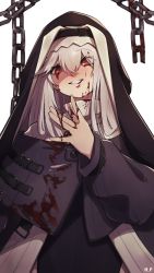 Rule 34 | 1girl, absurdres, arknights, bare shoulders, black background, black dress, black headwear, blood, blood on face, blood on clothes, blood on hands, chain, dress, habit, hair between eyes, hand on own face, hand up, highres, if f, long hair, nun, parted lips, red eyes, ribbed sweater, silver hair, simple background, smile, solo, specter (arknights), sweater, upper body, white background, white sweater