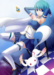 Rule 34 | 10s, :3, arms up, bad id, bad pixiv id, blue eyes, blue hair, cape, checkered floor, floor, gloves, highres, kyubey, magical girl, mahou shoujo madoka magica, mahou shoujo madoka magica (anime), miki sayaka, pink eyes, short hair, soul gem, sword, thighhighs, tokumaro, weapon, white gloves, white thighhighs