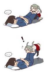 Rule 34 | !, &gt;:&gt;, &gt;:o, ..., 0 0, 10s, 2girls, :&gt;, :o, aged down, betchan, brown hair, commentary request, crossed arms, closed eyes, grey hair, highres, kaga (kancolle), kantai collection, lying, multiple girls, on back, pillow, side ponytail, simple background, spoken ellipsis, thighhighs, twintails, v-shaped eyebrows, white background, zuikaku (kancolle)