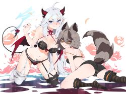 Rule 34 | 2girls, aetherion, animal ears, blue eyes, blush, breasts, demon girl, highres, indie virtual youtuber, large breasts, multiple girls, navel, orange eyes, pointy ears, pubic tattoo, raccoon ears, raccoon girl, raccoon tail, second-party source, small breasts, snuffy (vtuber), source request, stomach, tail, tattoo, vei (vtuber), vei (vtuber) (4th costume), virtual youtuber, vshojo