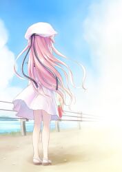 Rule 34 | 1girl, arms at sides, black ribbon, blue sky, dress, fence, floating hair, food, from behind, full body, hat, hat ribbon, highres, holding, holding food, holding ice cream, humuyun, ice cream, katou umi, long hair, long ribbon, ocean, official art, outdoors, popsicle, purple hair, ribbon, road, sailor dress, sailor hat, sandals, short dress, sky, sleeveless, sleeveless dress, solo, standing, summer pockets, two side up, very long hair, watermelon bar, white dress, white footwear, white hat