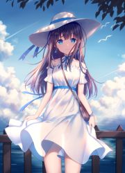 Rule 34 | 1girl, bag, bare shoulders, blue choker, blue eyes, blue ribbon, blue sky, brown hair, choker, closed mouth, cloud, cloudy sky, collarbone, commentary, cowboy shot, day, dress, english commentary, fence, hat, highres, kawami nami, long hair, off-shoulder dress, off shoulder, original, outdoors, ribbon, ribbon choker, see-through, short sleeves, shoulder bag, sky, smile, solo, sun hat, sundress, very long hair, water, white dress, white hat