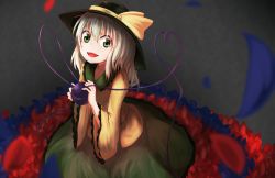 Rule 34 | 1girl, baram, eyeball, from above, green eyes, green hair, grey background, hat, hat ribbon, heart, heart of string, highres, holding, komeiji koishi, long sleeves, looking at viewer, looking up, matching hair/eyes, open mouth, petals, ribbon, skirt, smile, solo, third eye, touhou, upper body, wide sleeves
