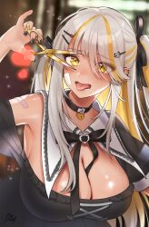 Rule 34 | 1girl, absurdres, alternate breast size, bandaid, blonde hair, blush, breasts, choker, cleavage, cutting hair, cutting own hair, dark-skinned female, dark skin, earrings, grey hair, heart, heart choker, highres, holding, holding scissors, jewelry, large breasts, long hair, luvdia, multicolored hair, noixen, open mouth, park dona, piercing, scissors, smile, streaked hair, tongue, tongue out, tongue piercing, virtual youtuber