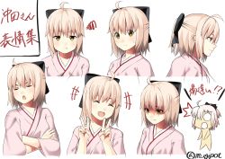 Rule 34 | 1girl, :t, ^^^, ^ ^, ahoge, black bow, blonde hair, bow, chibi, closed eyes, double v, facing away, fate (series), female focus, from side, hair between eyes, hair bow, half updo, highres, japanese clothes, jitome, kimono, koha-ace, looking at viewer, mugipot, multiple views, okita souji (fate), okita souji (koha-ace), open mouth, pink kimono, shaded face, short hair, smile, sweatdrop, teeth, twitter username, upper body, v, white background, worried, yellow eyes