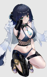 Rule 34 | 1girl, :|, absurdres, arm up, armpits, asymmetrical clothes, asymmetrical hair, bare shoulders, bead choker, bikini, black hair, blue bikini, blue hair, blunt bangs, blush, bob cut, breasts, cleavage, closed mouth, clothing cutout, coat, coat on shoulders, crop top, dark blue hair, diagonal bangs, dice, elbow gloves, fishnets, fur-trimmed coat, fur trim, genshin impact, gloves, green eyes, grey background, high heels, highres, jewelry, kneeling, large breasts, leg cutout, looking at viewer, midriff, multicolored hair, navel, neck tassel, on one knee, raiya atelier, short hair, simple background, single elbow glove, single pantsleg, solo, stomach, swimsuit, thigh strap, thighhighs, white coat, yelan (genshin impact)