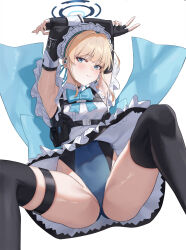 Rule 34 | 1girl, aqua bow, aqua bowtie, armpits, arms up, black gloves, black thighhighs, blonde hair, blue archive, blue eyes, blue leotard, blush, bow, bowtie, elbow gloves, fingerless gloves, gloves, halo, highres, kind1516, leotard, looking at viewer, maid headdress, simple background, solo, thigh strap, thighhighs, thighs, toki (blue archive), white background, white headwear