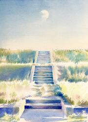 Rule 34 | absurdres, blue sky, concrete, day, didi daisukedoi, grass, highres, hill, moon, no humans, original, painting (medium), path, road, scenery, shadow, sky, stairs, sunlight, traditional media
