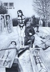 Rule 34 | 2boys, 6+girls, arms behind back, artist request, bare tree, barefoot, bdsm, bondage, bound, breasts, clothed male nude female, coat, corpse, crotch rope, feet, forest, frozen, harness, ice, japanese text, kanji, long hair, mature female, medium breasts, monochrome, multiple boys, multiple girls, nature, nipples, no pussy, nude, on one knee, outdoors, peril, public indecency, public nudity, rope, snow, standing, text focus, translation request, tree, uncensored
