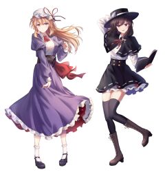 2girls :d absurdres ankle_socks black_capelet black_footwear black_hat black_skirt black_thighhighs blonde_hair bobby_socks book boots bow brown_eyes brown_footwear brown_hair capelet dress fedora frilled_dress frilled_skirt frills full_body hakubo_(usgr_0) happy hat hat_bow hat_ribbon highres holding holding_book juliet_sleeves knee_boots long_hair long_sleeves maribel_hearn medium_hair mob_cap multiple_girls open_mouth parted_lips puffy_sleeves purple_dress ribbon shirt skirt smile socks standing tachi-e thighhighs touhou usami_renko white_hat white_shirt white_socks