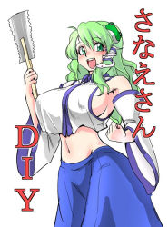 Rule 34 | 1girl, blue skirt, breasts, clenched hand, cover, cover page, covered erect nipples, crop top, crop top overhang, danna (karatekikku), detached sleeves, eyelashes, female focus, frog hair ornament, green eyes, green hair, hair ornament, hair tubes, hand up, hip focus, japanese saw, kochiya sanae, large breasts, long hair, long skirt, looking at viewer, matching hair/eyes, midriff, narrow waist, open mouth, saw, sideboob, simple background, skirt, sleeveless, smile, snake hair ornament, solo, teeth, text focus, tongue, touhou, translation request, white background