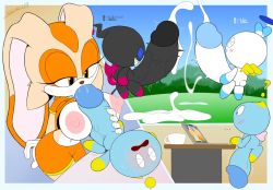 Rule 34 | 1girl, 3boys, breasts, chao (sonic), cream the rabbit, cum, dark chao, ejaculation, fellatio, furry, hero chao, large breasts, large penis, masturbation, multiple boys, aged up, oral, paizuri, penis, shortstack, slickehedge, sonic (series)